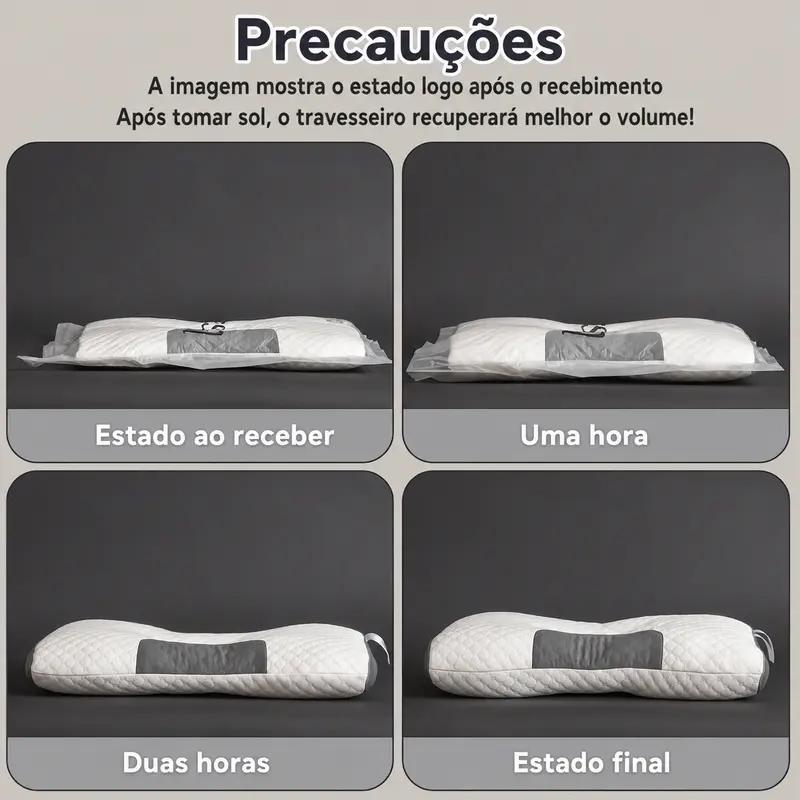 Etapas de recuperação do volume após retirar o travesseiro da embalagem
